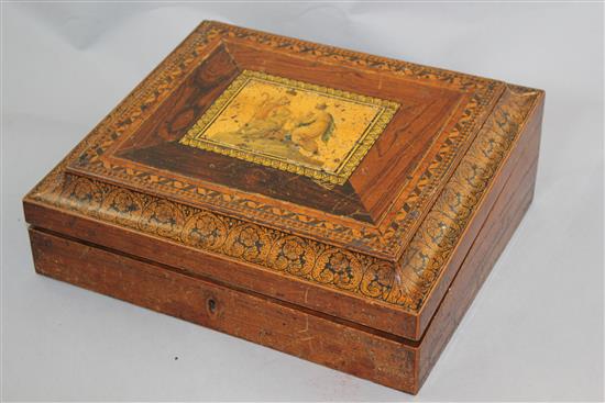 An early 19th century Tunbridgeware penwork writing slope, 12in.